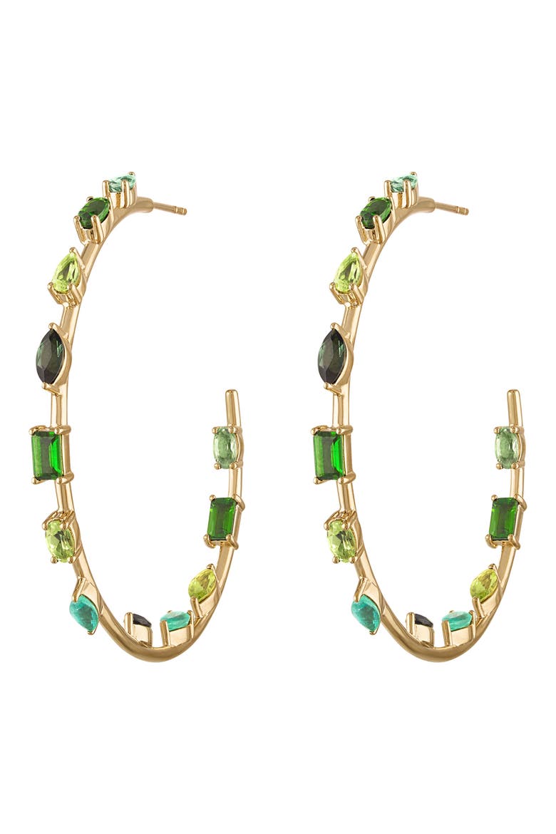 Large Goddess Green Sapphire Hoop Earrings, Main, color, YELLOW GOLD