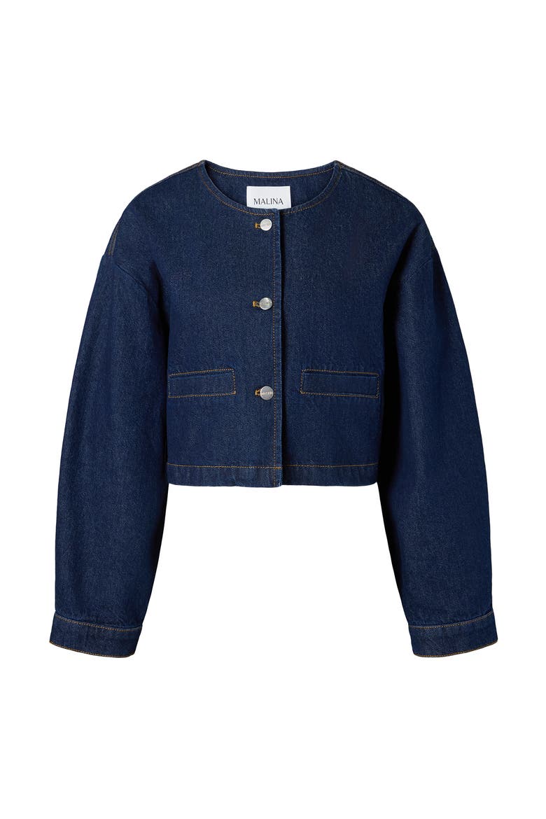 Elowen Cropped Long Sleeve Denim Jacket, Alternate, color, Unwashed Dark Blue