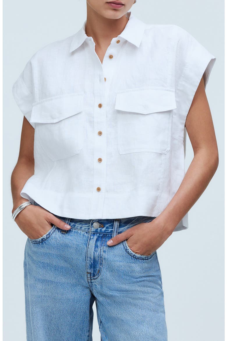 Flap Pocket Linen Button-Up Shirt, Main, color, EYELET WHITE
