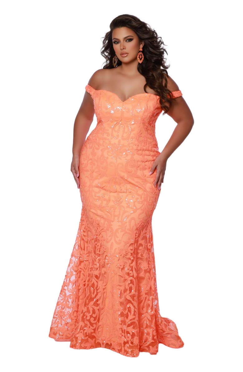 Sydney's Closet Off the Shoudler Mermaid Sweetheart Plus Size Gown, Main, color, Tangelo