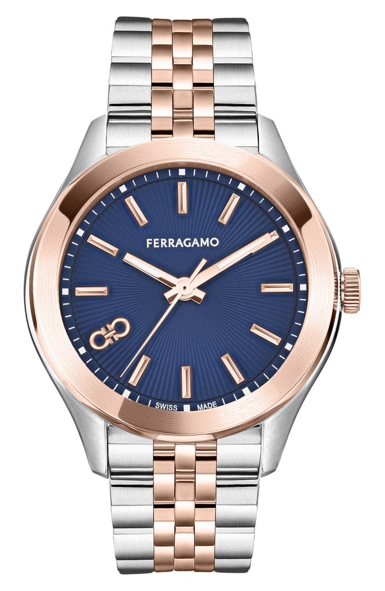 FERRAGAMO Classic Two-Tone Guilloche Dial Bracelet Watch, 38mm, Main, color, Two Tone Blue