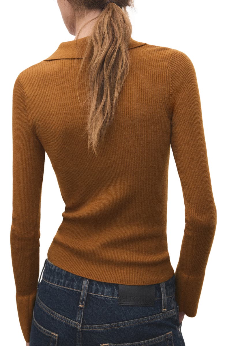 MANGO Rib Fluted Long Sleeve Polo Sweater, Alternate, color, Tobacco Brown