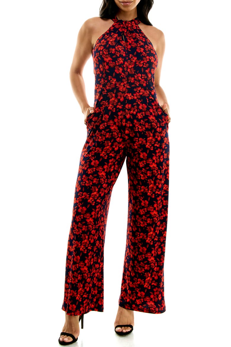 Twisted Halter Neck Jumpsuit, Main, color, NAVY/RED