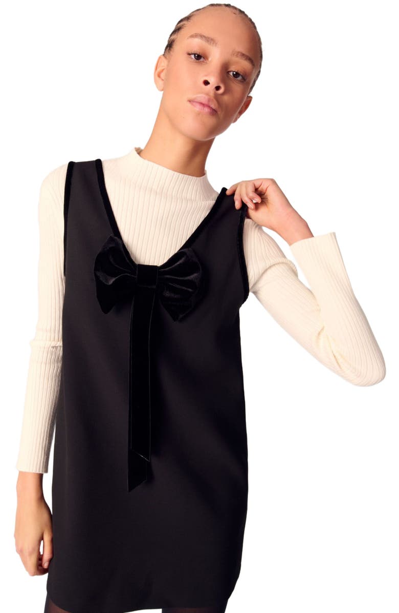 maje Pinafore mini dress with velvet collar, Alternate, color, 