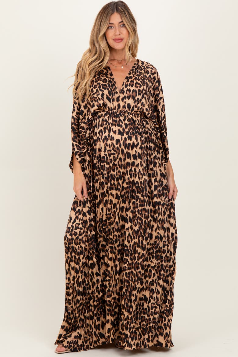 Pleated V Neck Satin Maxi Dress, Alternate, color, Brown