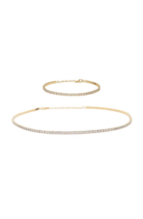 Sterling Silver 18k Gold Plated Cherie Tennis Necklace & Bracelet Set Holiday Gift Idea