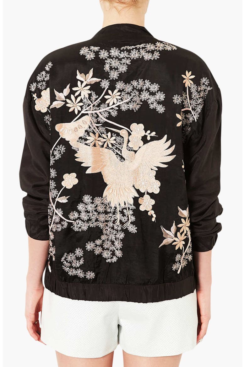 'Chinoiserie' Embroidered Bomber Jacket, Alternate, color, BLACK