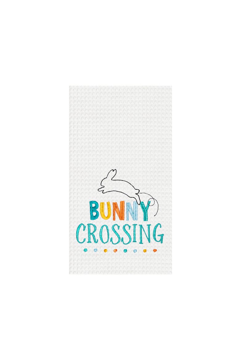 "Bunny Crossing" Easter Rabbit Spring Theme Kitchen Dishtowel, Main, color, White