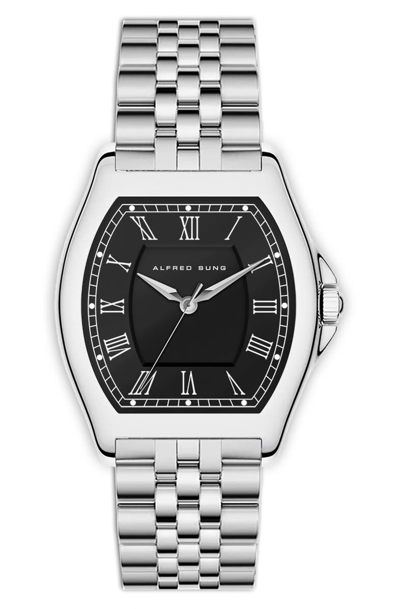 Alfred Sung Heritage Tonneau Bracelet Strap Watch, 27mm x 45mm, Main, color, Silver Bracelet/Black Dial