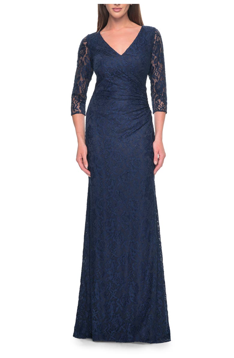 La Femme Stretch Lace Evening Dress with Ruching, Main, color, Navy