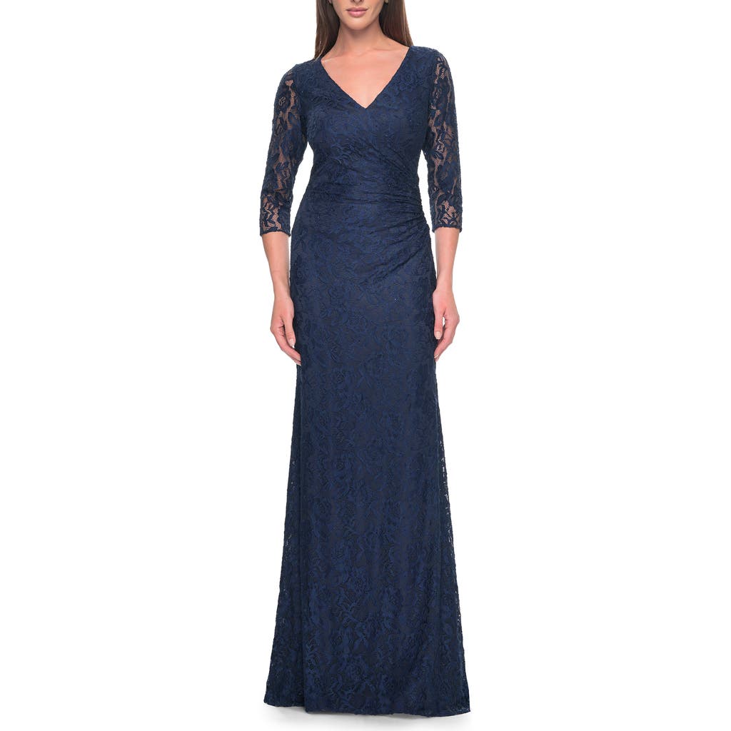 La Femme Stretch Lace Evening Dress With Ruching In Navy