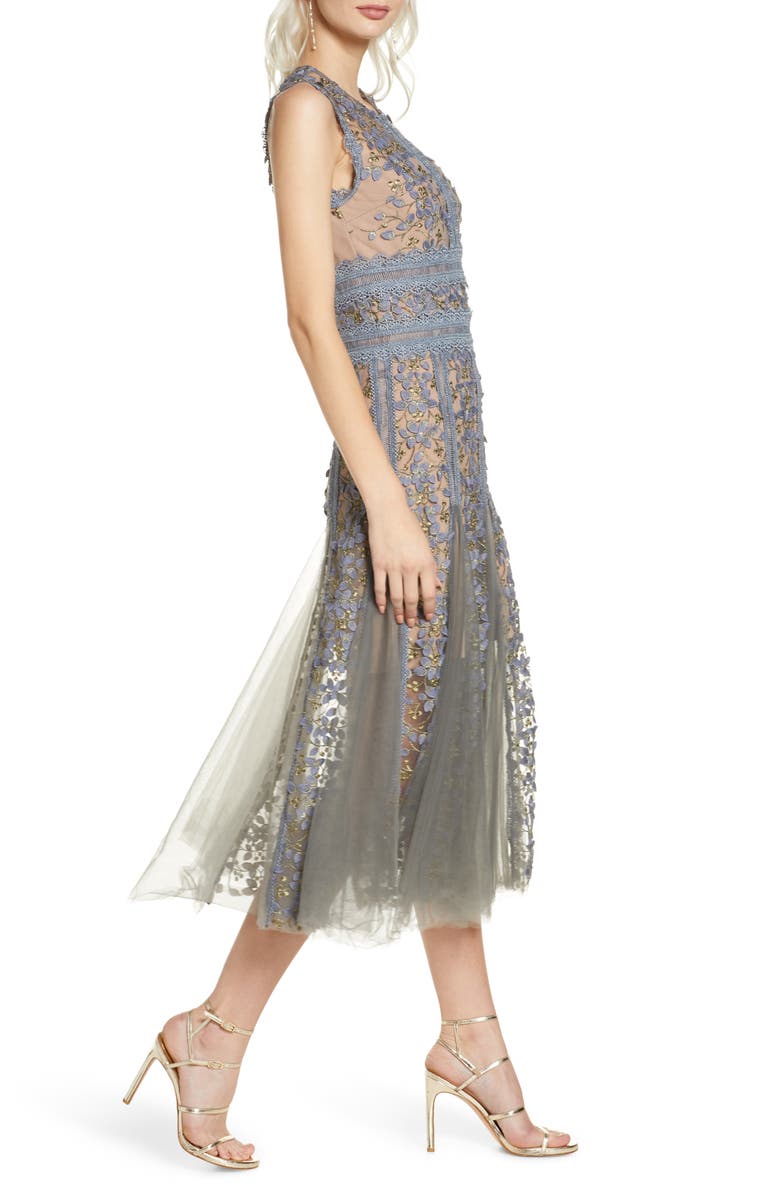 Bronx and Banco Megan Grey Floral Lace Midi Dress, Alternate, color,