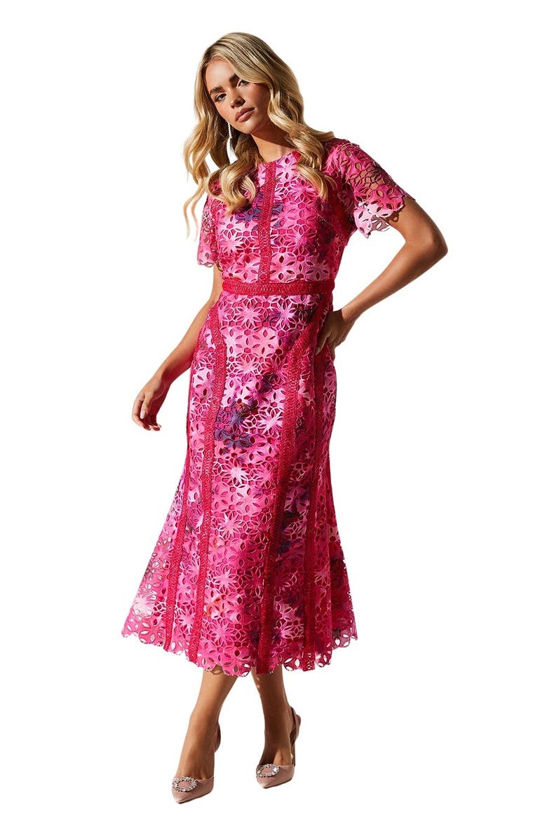 Coast Petite Printed Lace Midi Pencil Dress, Main, color, Pink