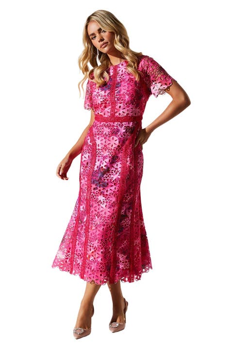 Petite Printed Lace Midi Pencil Dress