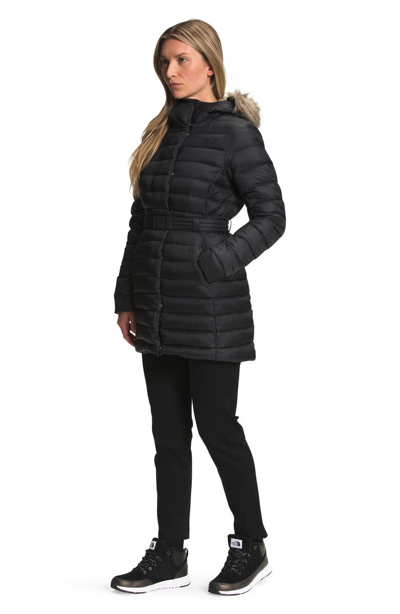 The North Face Transverse Water Repellent 550 Fill Power Down Belted Parka with Faux Fur Trim, Alternate, color, 