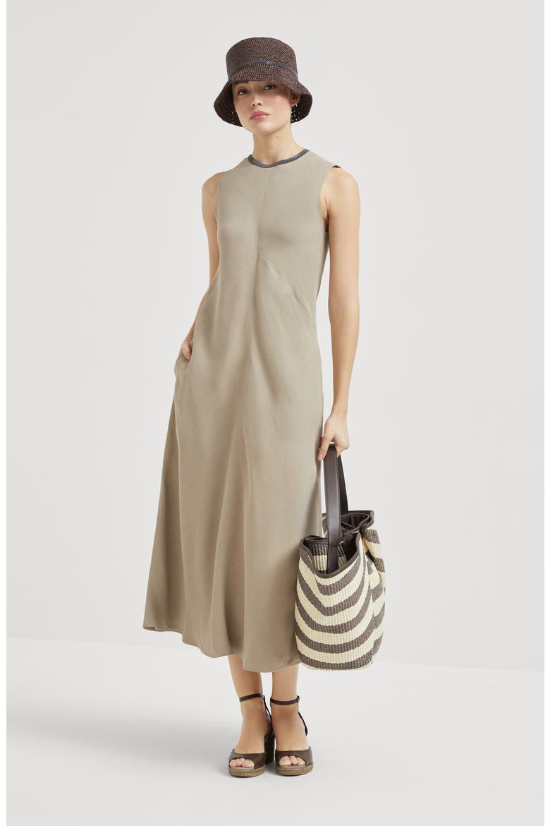 Twill dress with monili, Alternate, color, Cool Beige