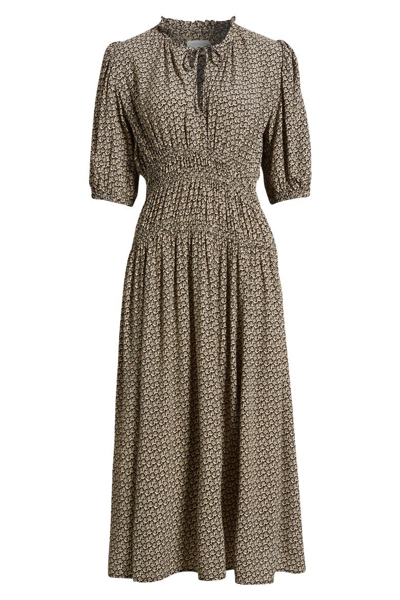 Puff Sleeve Drop Waist Midi Dress, Alternate, color, BLACK- BEIGE FLORAL