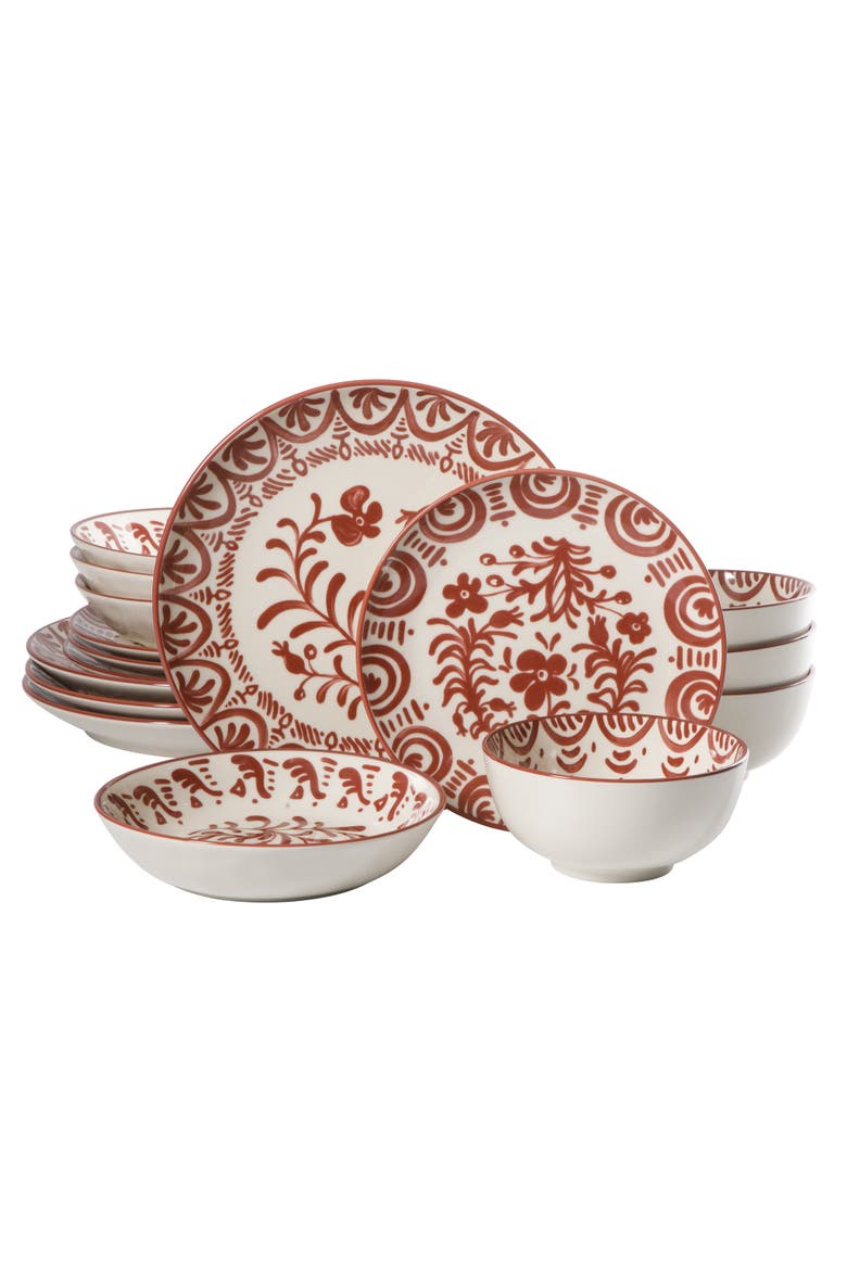 2-Time Oprah's Favorite Things, Valencia Flor 16 Piece Plates and Bowls Dinnerware Set, Main, color, Pomegranate Red