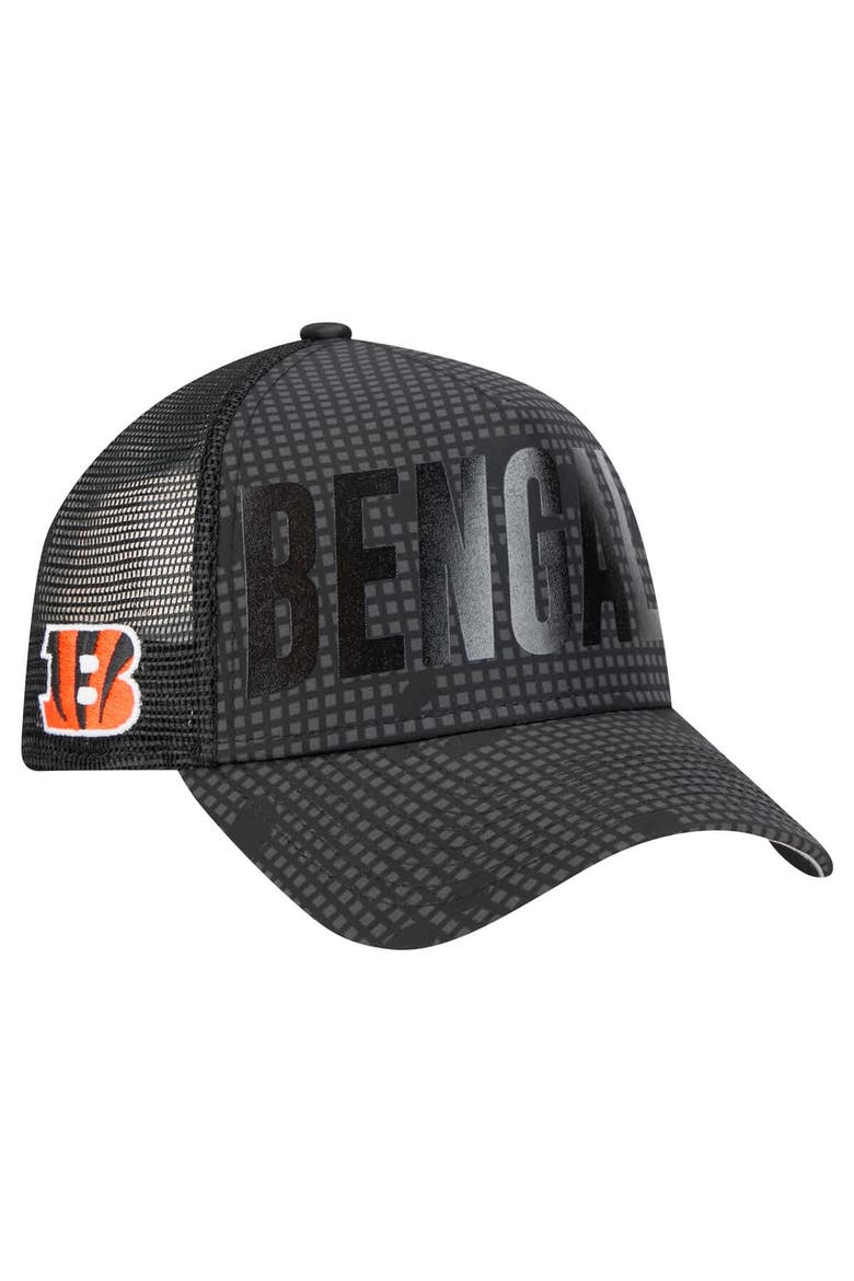Men's New Era Black Cincinnati Bengals  Midnight Ink Tonal Text A-Frame Trucker 9FORTY Adjustable Hat, Main, color, Black