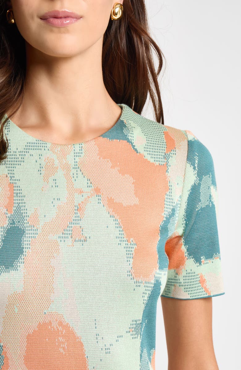 Misook Print Puff Sleeve Dress, Alternate, color, Paradise Green/ Biscotti