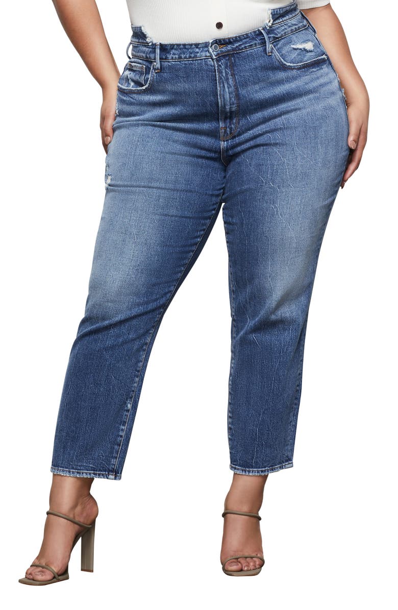 Good American Double Waistband High Waist Ankle Straight Leg Jeans, Alternate, color, 