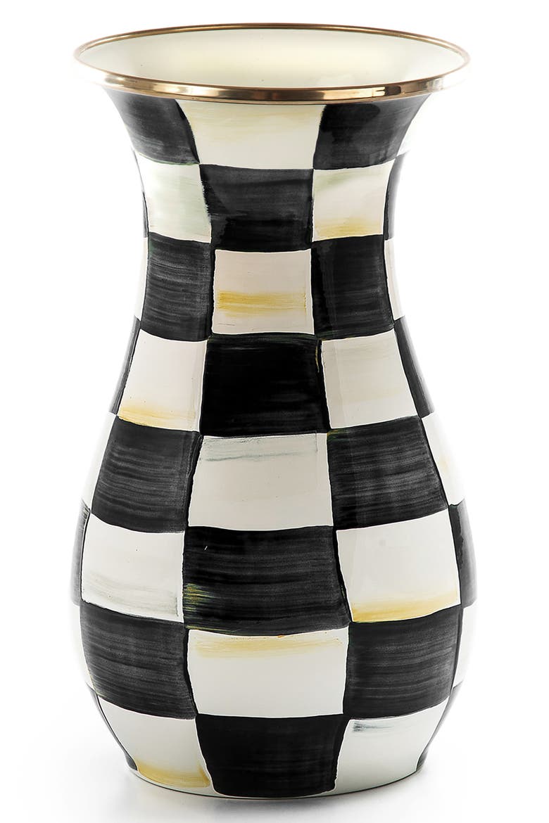 Courtly Check Enameled Steel Tall Vase, Main, color, BLACK/ WHITE