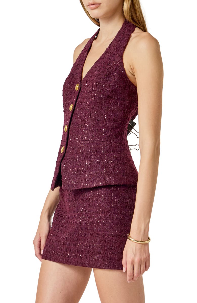 Endless Rose Halter Tweed Button Vest, Alternate, color, Merlot