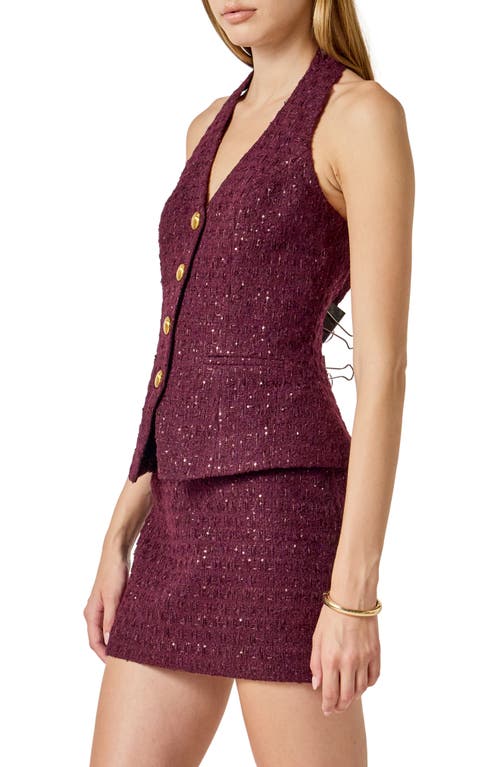 Endless Rose Halter Tweed Button Vest In Burgundy