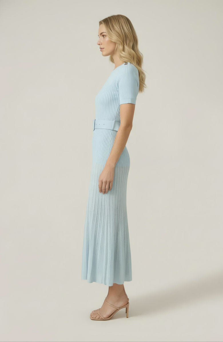 Modenaire Ribbed Knit Belted Waist Pleated Midi Dress, Alternate, color, Pastel Blue