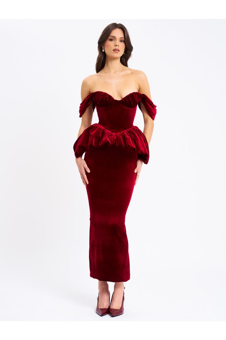 Abigail Velvet Off Shoulder Bubble Hem Peplum Maxi Dress, Alternate, color, Red