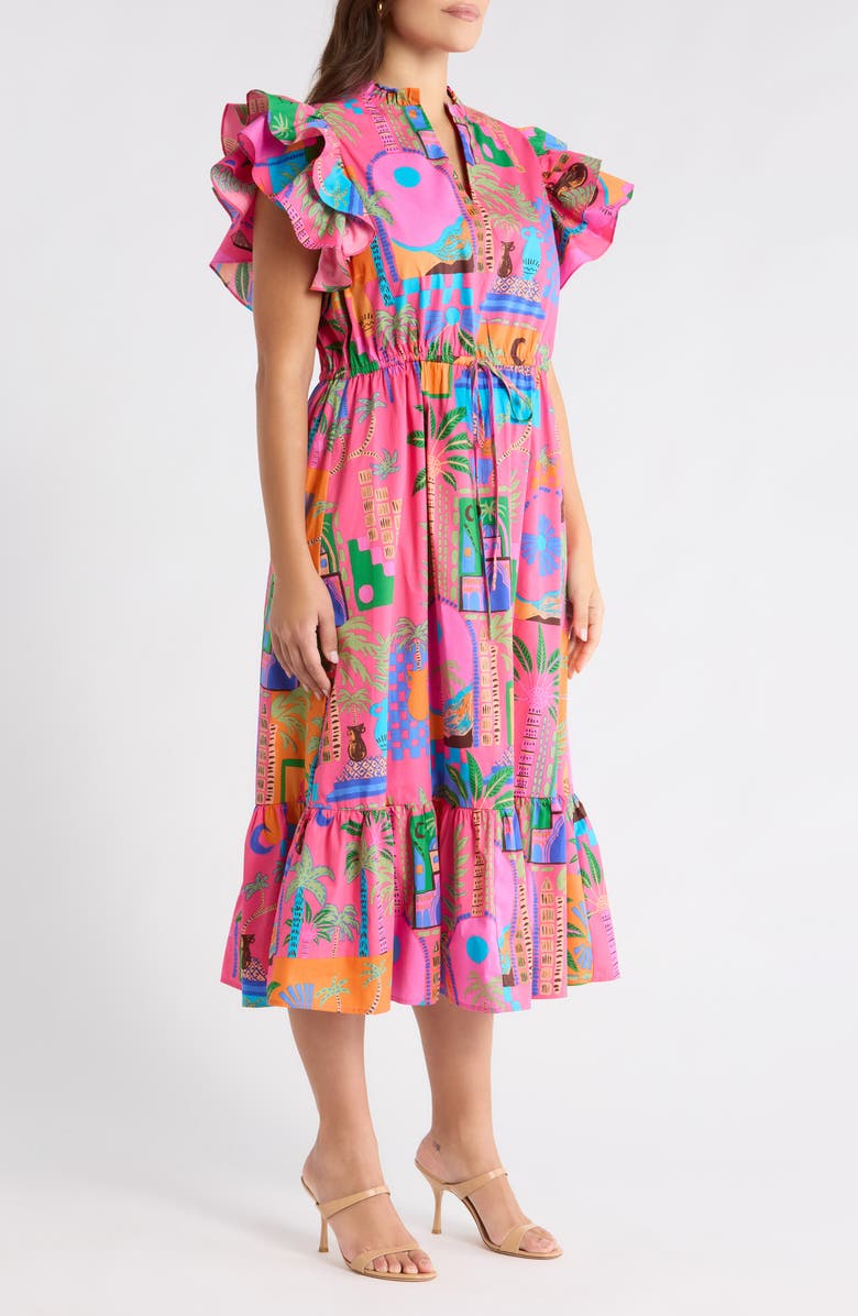 SUGARLIPS Lanus City Dillan Ruffle Midi Dress, Alternate, color, Fuchsia-Multi