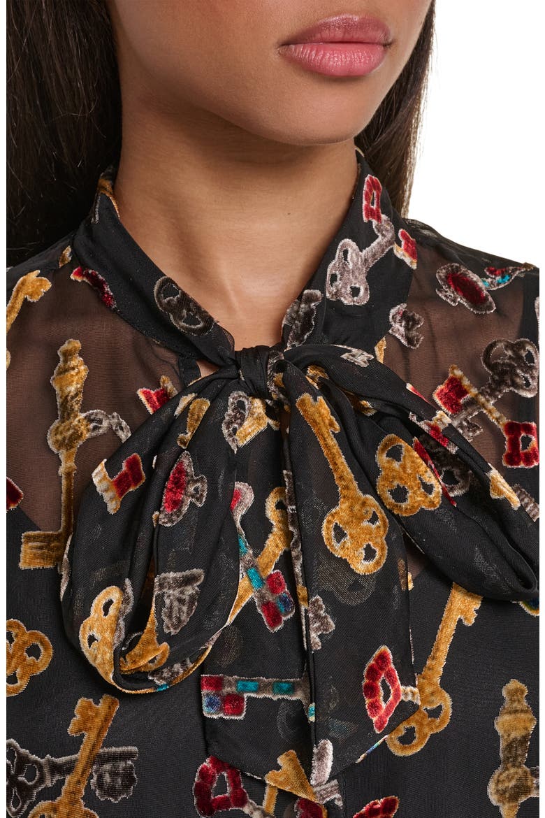 Velvet Burnout Tie Neck Blouse, Alternate, color, BLACK MULTI