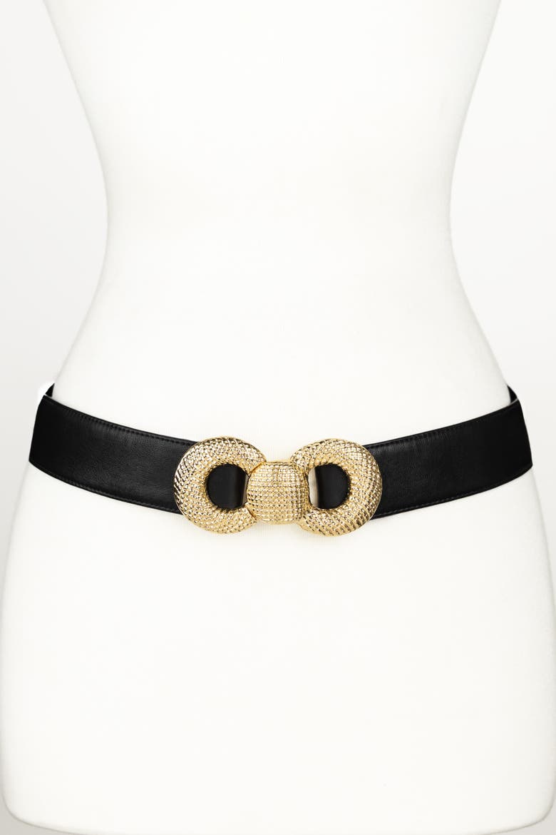 Bow Textured Buckle Leather Belt, Main, color, Black