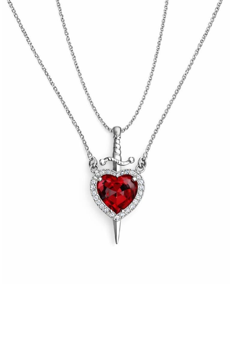Set of 2 Heart & Dagger Crystal Pendant Necklaces, Main, color, RED/ SILVER
