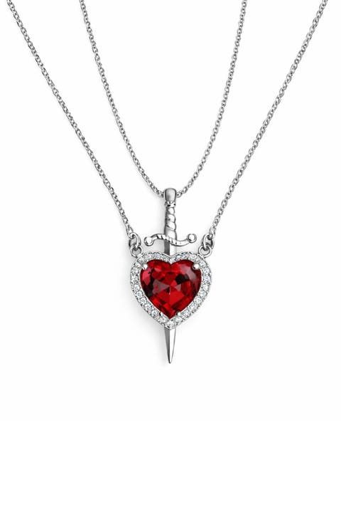 Set of 2 Heart & Dagger Crystal Pendant Necklaces