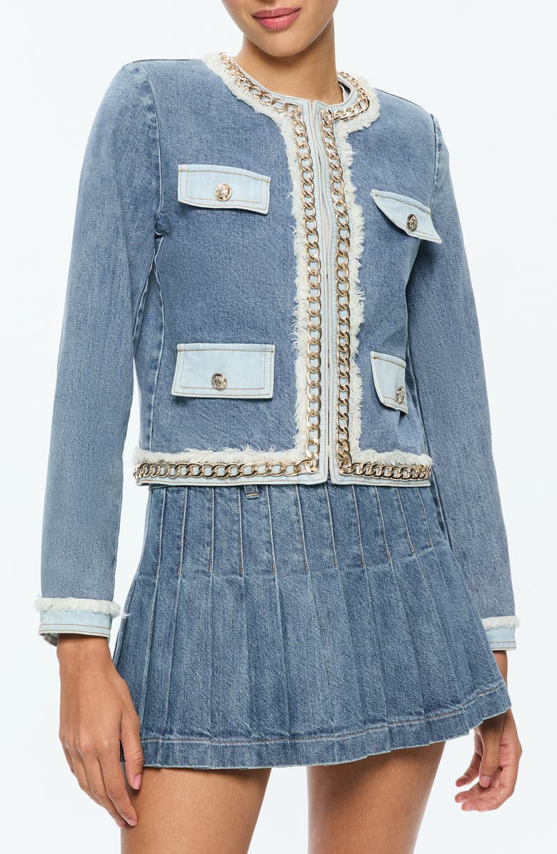 Alice + Olivia Landon Crop Denim Jacket with Curb Chain Trim, Main, color,