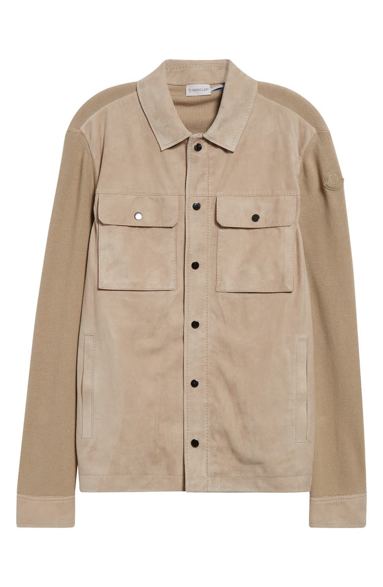 Moncler Leather & Cotton Knit Overshirt, Alternate, color,