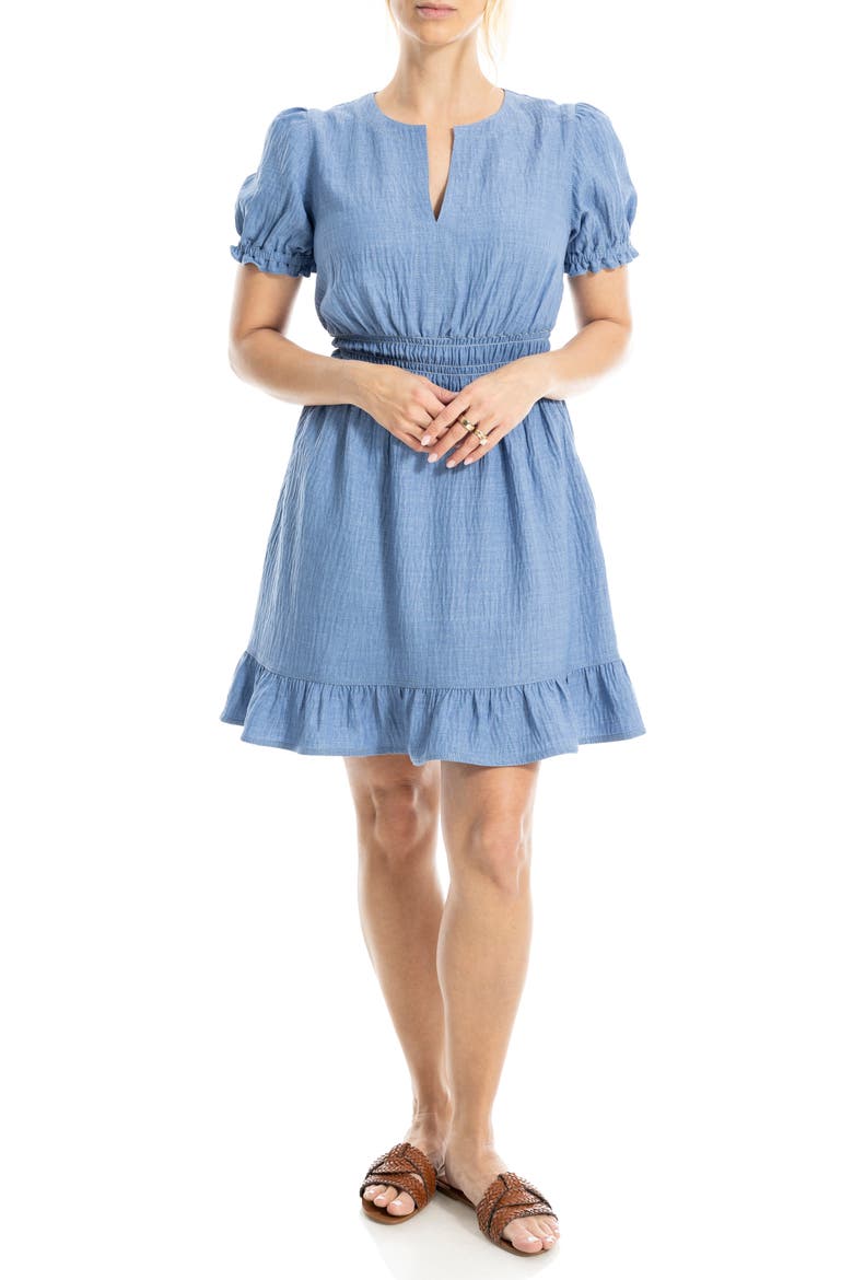 Puff Sleeve Fit & Flare Dress, Alternate, color, HEATHER CHAMBRAY