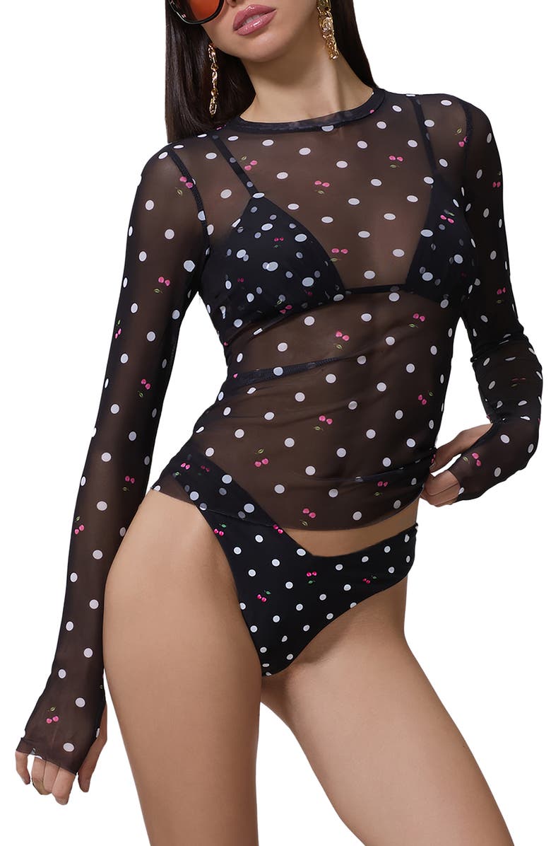 AFRM Kaylee Printed Long Sleeve Mesh Top, Main, color, Cherry Dots