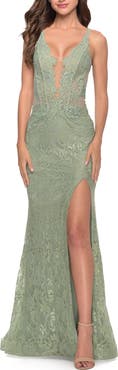 La Femme Fitted Stretch Lace Gown with Deep V and Beading