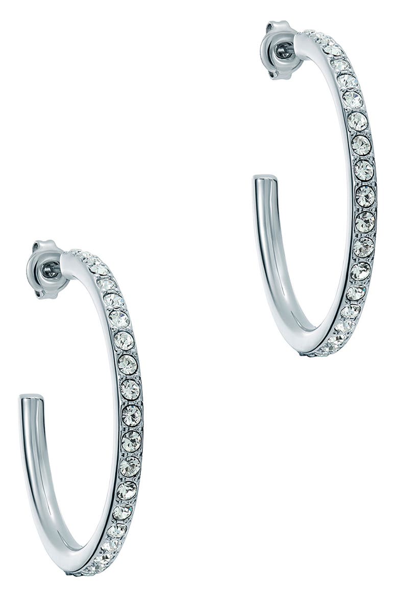 Clanci Medium Crystal Hoop Earrings, Main, color, SILVER TONE / CLEAR CRYSTAL