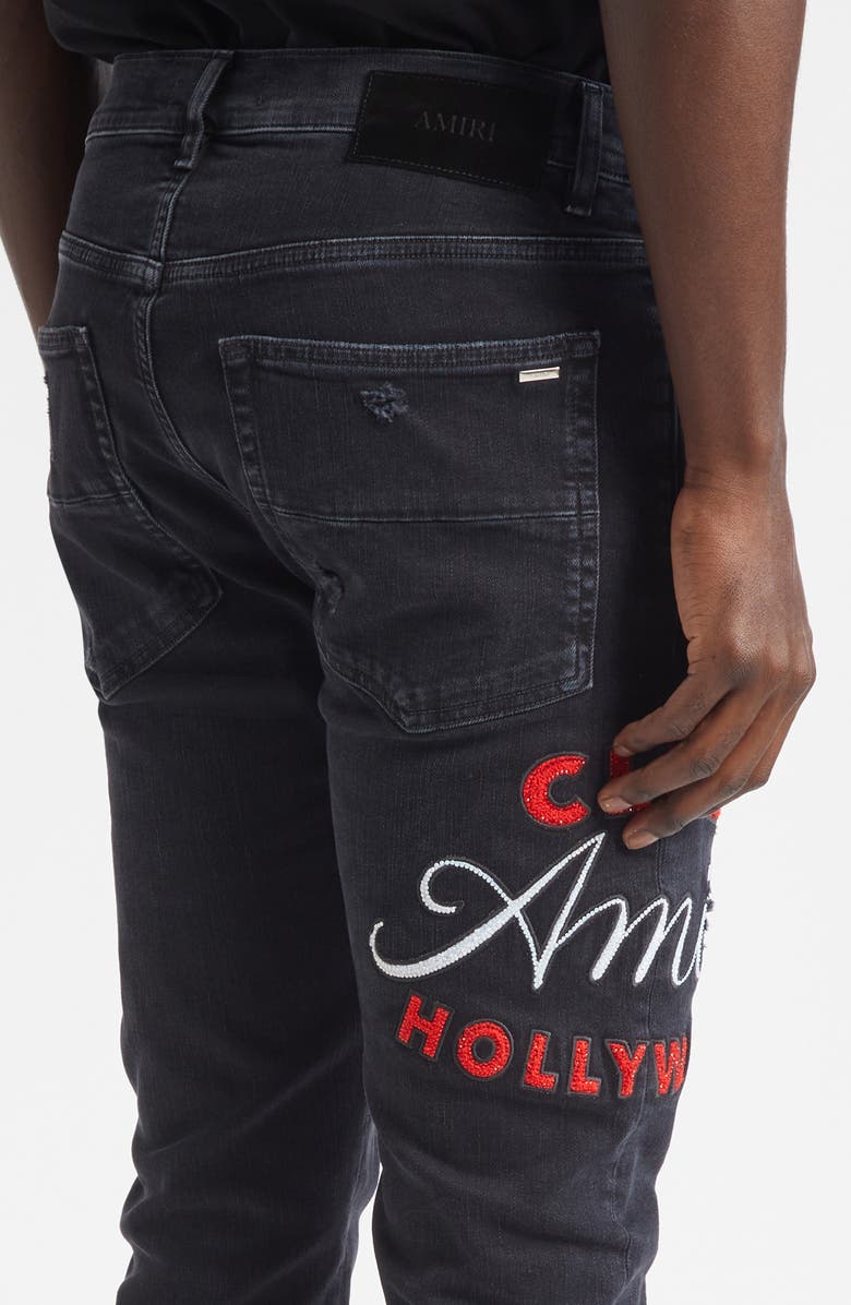 AMIRI MX1 Crystal Embellished Club Amiri Appliqué Rip & Repair Skinny Jeans, Alternate, color, Dusk Black