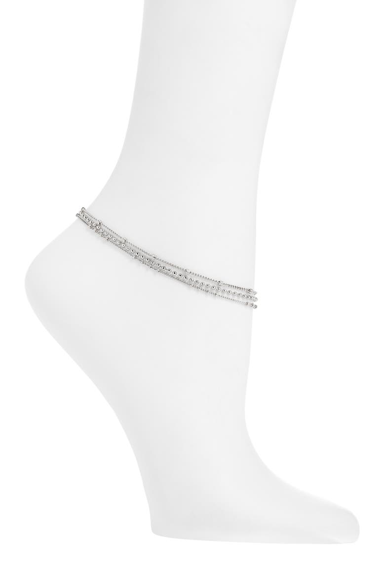 Triple Chain Beaded Anklet, Main, color, SILVER