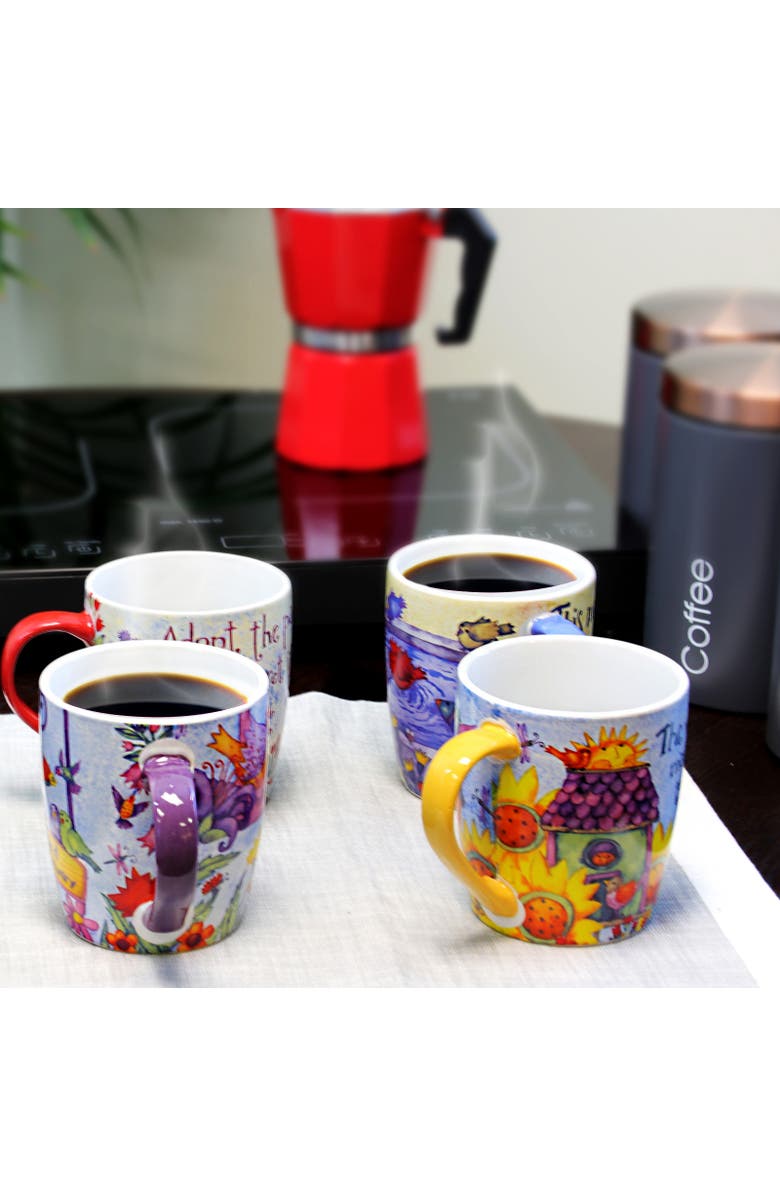 Gibson Home Birdhouse Floral 18 oz Cup Set, Set of 4 Assorted Designs, Alternate, color, Assorted