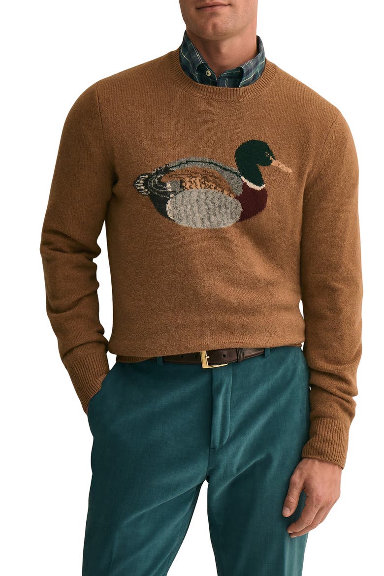 Mallard Intarsia Wool Sweater, Main, color, CAMELDUCKINTARSIA
