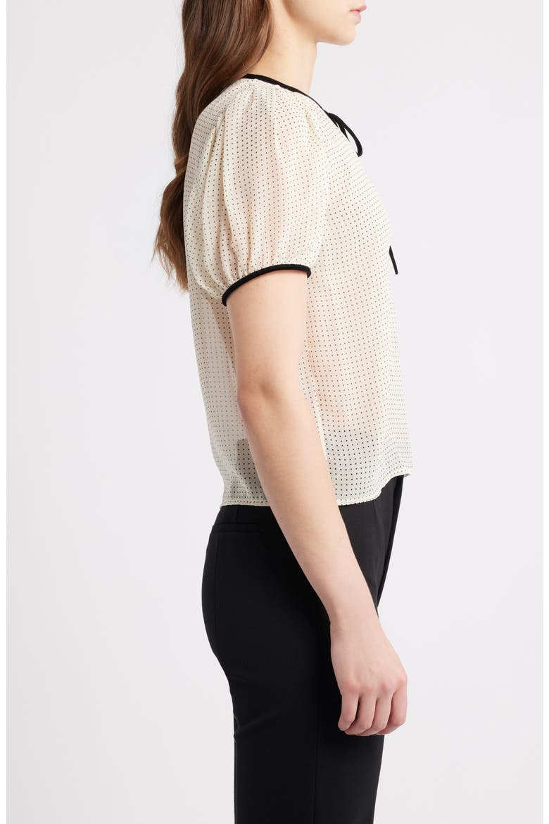 Polka Dot Tie Front Puff Sleeve Semisheer Silk Top, Alternate, color, ECRU MULTI
