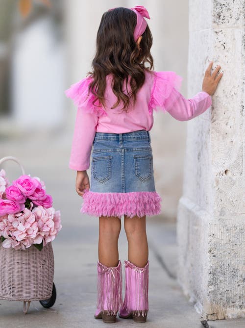 Mia Belle Girls Girls Pink Ruffle Top And Feather Trim Denim Skirt Set In Pink