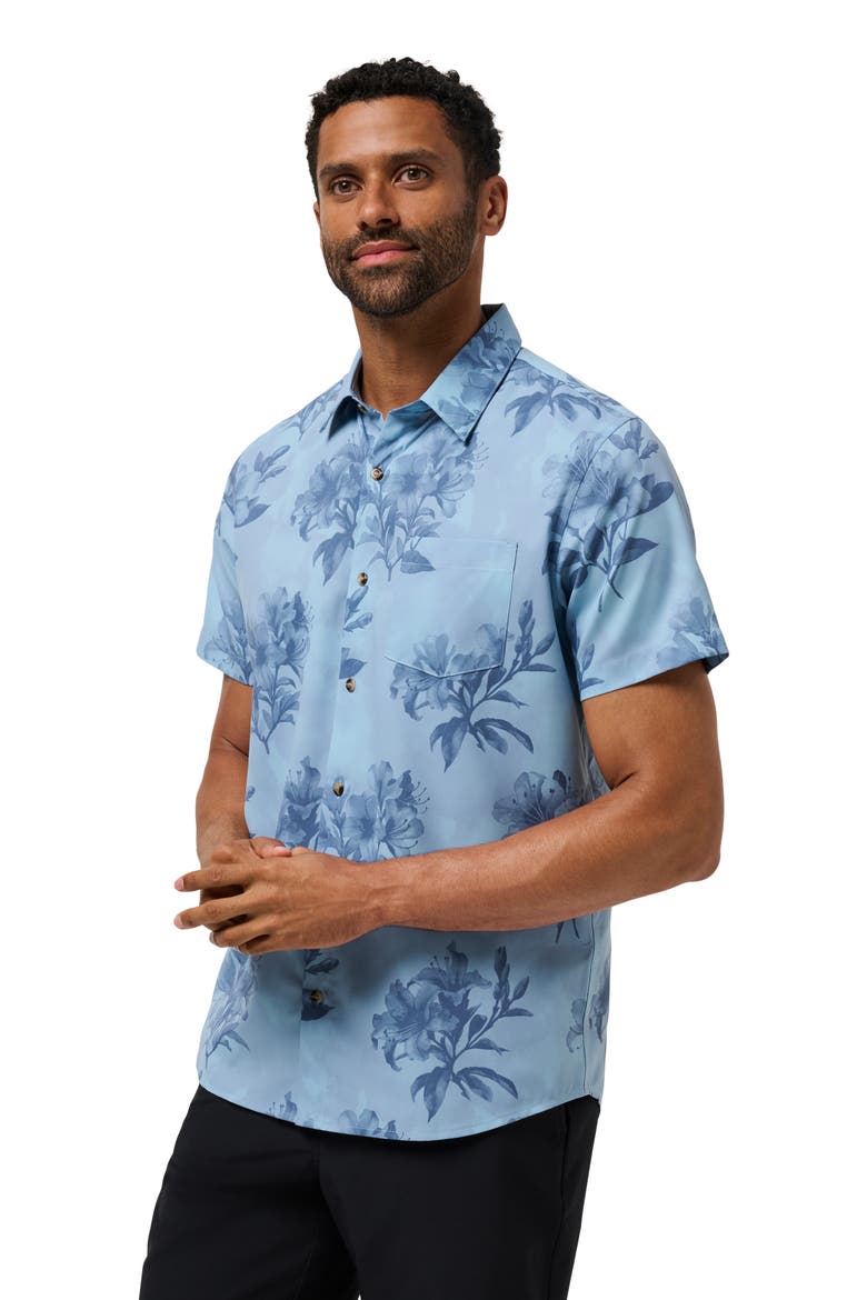 Seashelf Floral Technical Button-Up Shirt, Alternate, color, FORGET ME NOT