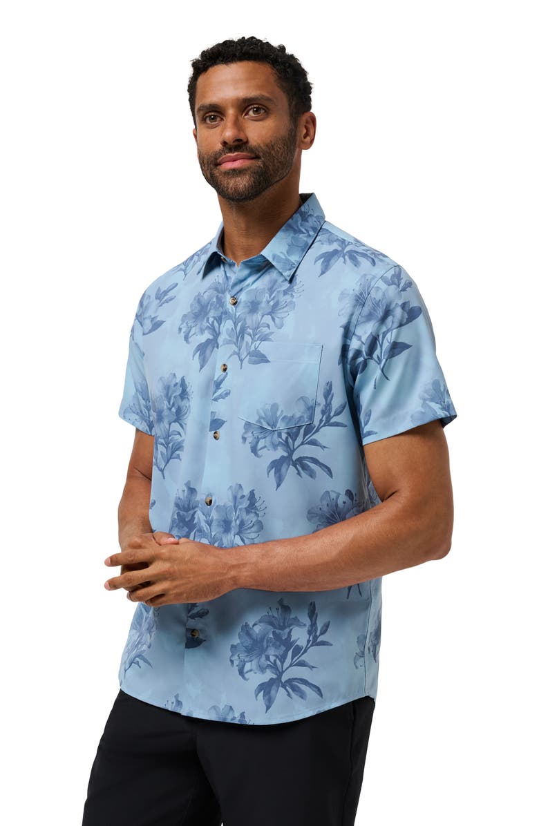 TravisMathew Seashelf Floral Technical Button-Up Shirt, Alternate, color, Forget Me Not