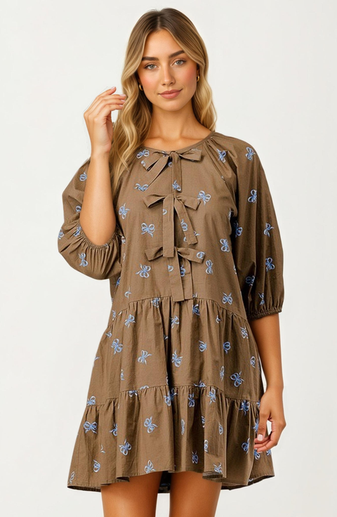 Bow Embroidery Tiered Mini Dress